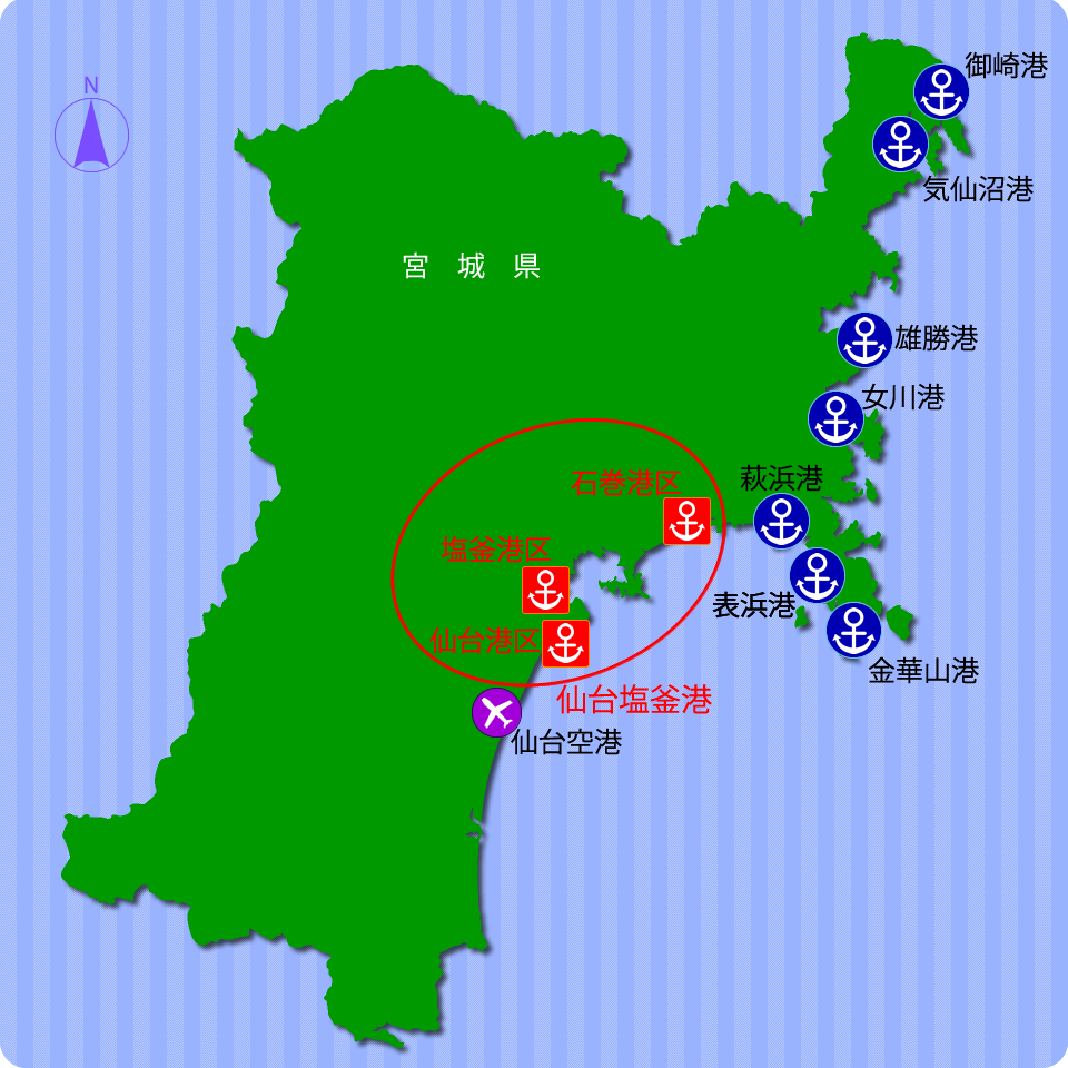 図：宮城県内港湾位置図