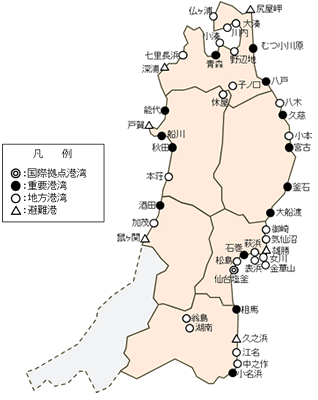 東北沿岸域の港湾分布図